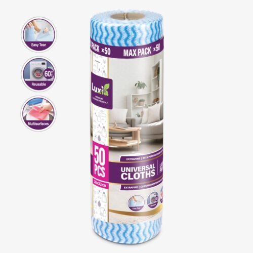 avetele universale luxia, ambalate pe rolă, sunt practice și ușor de folosit datorită perforațiilor pentru rupere rapidă. realizate din material extrafin, curăță eficient diverse suprafețe fără a zgâria și pot fi folosite atât uscate, cât și umede. sunt reutilizabile, se pot spăla în mașina de spălat la 60°c și oferă o soluție economică pentru curățenia zilnică. setul conține 50 de lavete de 26×32 cm, ideale pentru întreaga casă.