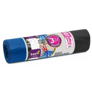 saci menajeri cu snur luxia 35 litri 15 buc/rola ldpe albastri,triplu strat