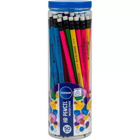 Creion  Centrum ascutit cu mina HB  cu radiera si corp din material plastic vopsit in 3 variante de culori model STELUTE. 50 buc/borcan.89008