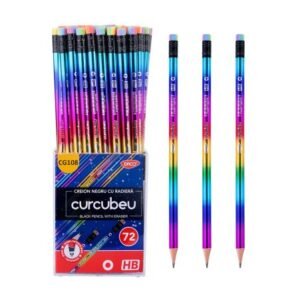 Creion negru Curcubeu Daco,  corp rotund din lemn, mina standard HB,  radiera in capat, 72buc/set