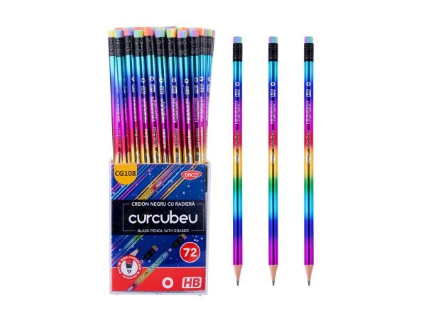 Creion negru Curcubeu Daco,  corp rotund din lemn, mina standard HB,  radiera in capat, 72buc/set