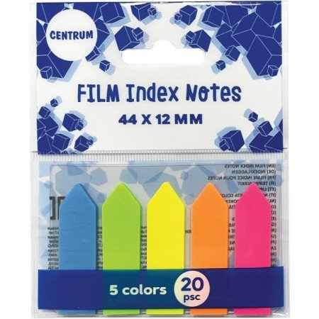 Index NEON autoadeziv din material plastic, Centrum dimensiune 45 x 12mm, capat triunghiular. Setul contine 20 de file pentru fiecare din cele 5 culori. Blister cartonat