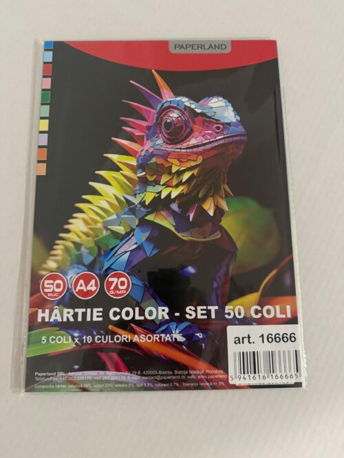 Hartie colorata A4, 10 culori/top, PAPERLAND, 70g/mp, 50coli/top